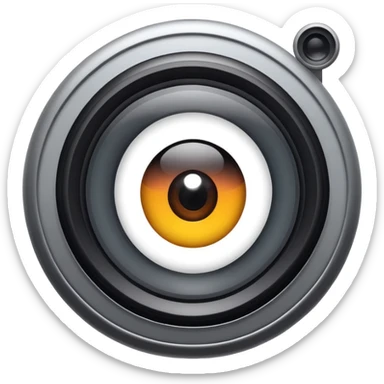 Minimalist emoji-style sticker of a wide camera lens with a human-like eye inside. Gray tones with strong contrast. sticker