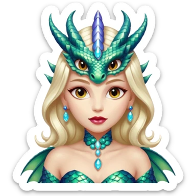 A gorgeous dragon woman with glittering jeweled scales covering her body and face. She has large almond shaped eyes, lush lips, and she wears a stunning luminescent gown. sticker