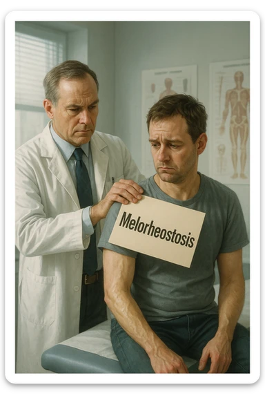 A realistic, cinematic illustration set in a bright, modern medical office. A middle-aged doctor in a white lab coat with a serious expression is shown gently placing a large paper label on the shoulder of a male patient sitting on the examination table. The label has the word 'Melorheostosis' written on it, symbolizing the act of labeling the patient with his rare bone condition. The patient looks confused and slightly disheartened, wearing a simple t-shirt with part of his arm exposed, showing subtle signs of bone thickening or deformation associated with melorheostosis. The background includes medical charts and a softly blurred skeleton model, emphasizing the medical setting. The lighting is bright but neutral, conveying a sterile, clinical atmosphere while focusing on the symbolic moment of receiving a diagnosis label. The mood is introspective and slightly heavy, illustrating the emotional weight of being defined by a rare chronic condition sticker