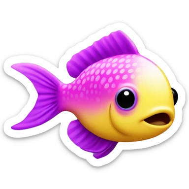 tiny fish with purpleish pink front half, neon yellow back half and black dot on top fin sticker