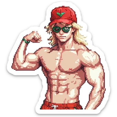 Man with black and white cap, bare torso, red shorts, clear glasses, messy light blond mullet hairstyle, flexing muscles sticker