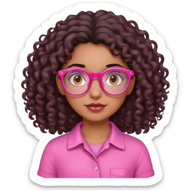 Girl with long, dark brown curly hair, with mixed skin, pink glasses, and a pink shirt, dark brown eyes  sticker