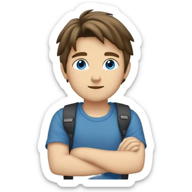 A boy with Brown hair, blue/gray eyes, blue t-shirt with a japaneese flag a jeans pants. Uner the boy i a text that say´s take it easy sticker