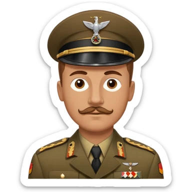 A Caucasian man with brown hair. He has a buzz cut and a brown mustache (not a handlebar mustache) and he’s wearing a German 1940 war uniform sticker