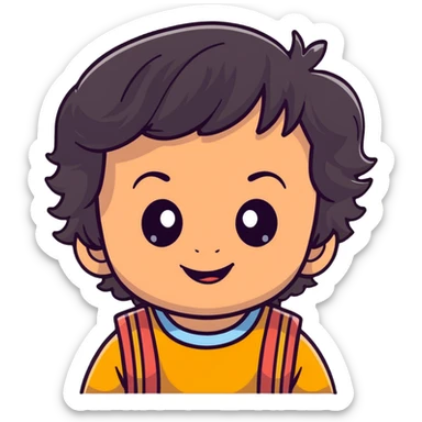 smiling toddler face with big eyes, medium skin tone, and dark wavy hair sticker