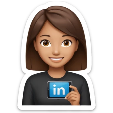 Asian girl with brown dark hair and dark brown eyes in a corporate top smiling holding her LinkedIn  sticker