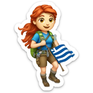 Female mountain climber red hair climbing with Greek flag and holding Easter eggs basket sticker