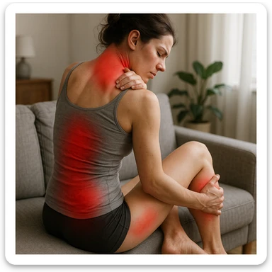 hyperrealistic woman sitting with a suffering posture, realistic body with red areas on back, neck, and legs indicating widespread pain, realistic anatomical details, 4K quality, domestic environment sticker