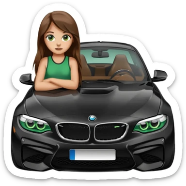 Beautiful Caucasian girl with green eyes and long brown hair  realistic girl doing sitting on the hood of BMW M2 car sticker