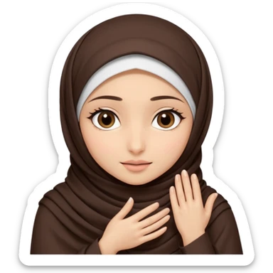 Hijabi girl sitting.     head covered
hands pulling the fabric in
shy-but-dramatic energy
“no cameras pls” but in a cute way
soft + mysterious vibe sticker