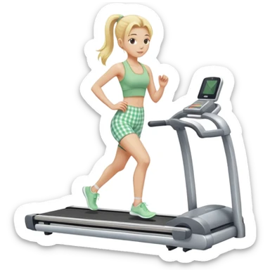 blonde girl on treadmill wearing light green gingham yoga set sticker