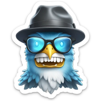 Crazy funny Cyberpunk Articuno head with human white teeth and beautiful smile wearing glasses and hat sticker