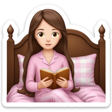  white long brunette hair girl with hazel eyes in light pink pajamas reading Pride and Prejudice sticker