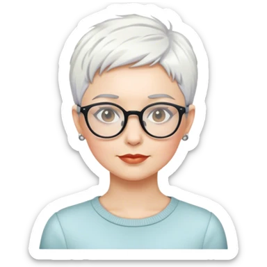 White woman with short pixie white hair glasses sticker
