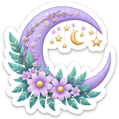 Beautiful poetic aesthetic sparkly glittery shiny pretty floating pastel lilac lavender Violet crescent-moon and flowers and leaves and feathers and sparkles and stars aesthetic deco sticker