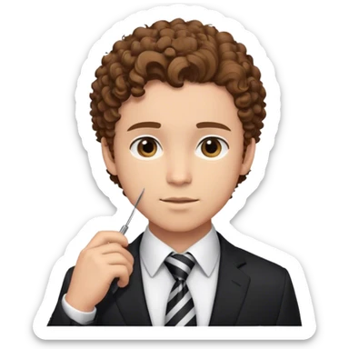 The person in the photo is a young man with curly brown hair, wearing a black suit, white dress shirt, and a striped tie. He is adjusting his tie while looking directly at the camera with a confident expression. sticker