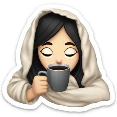 white girl with black hair inside a blanket sipping coffee eyes closed sticker