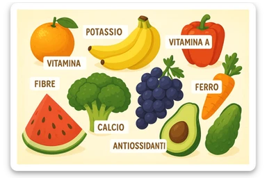 focus su frutta e verdura a tutto schermo e i micronutrienti in italiano contenuti in essa sticker