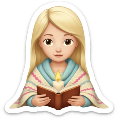 Cozy blonde girl reading book with blanket and candle sticker