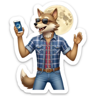friendly anthropomorphised wolf in jeans and plaid shirt, wearing dark sunglasses, howling with the moon in the background, dynamic pose sticker