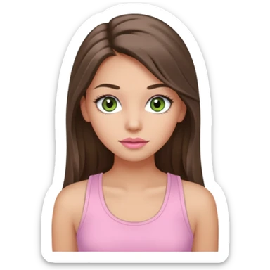 Create a teen girl wearing a light pink tank top. She will have long brunette hair, tan skin, pink lips, and grey-green eyes. She has long eyelashes. sticker