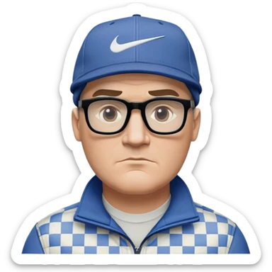 50-year-old heavyset man with very wide face and prominent square jawline. Short straight hair combed to the side, not balding, wearing a black Nike cap. Large dark square glasses. Serious-relaxed expression. Light gray jacket that fits his larger frame, white shirt with blue checkered pattern. sticker