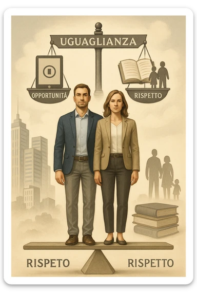 Un uomo e una donna, entrambi tra i 30 e i 40 anni, in piedi fianco a fianco su un piedistallo unico che rappresenta l’equilibrio. Indossano abiti moderni da lavoro o casual, con sguardi determinati e sereni. Sullo sfondo, simboli di società moderna: grattacieli, tecnologia, libri, famiglia. Sopra di loro, una bilancia perfettamente equilibrata con i simboli 'uguaglianza', 'opportunità', 'rispetto'. La scena è armoniosa, luminosa, con colori neutri e un tono positivo. Stile realistico con accenti simbolici in italiano sticker
