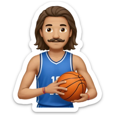 long haired man basketball player blue jersey with mustache holding basket ball sticker