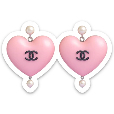 glossy black and white 3D emoji-style heart-shaped earrings with string of pearls and silver Chanel logo, elegant sticker