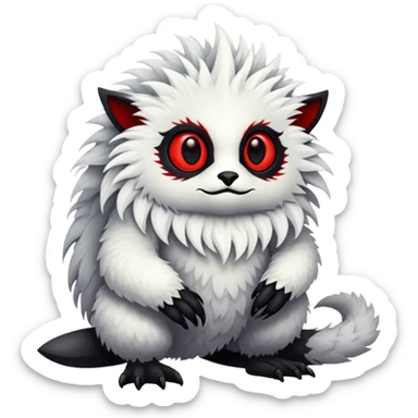 a white exotic edgy vernid-fionbr-Fakémon-creature, with black belly and red eyes, full body sticker