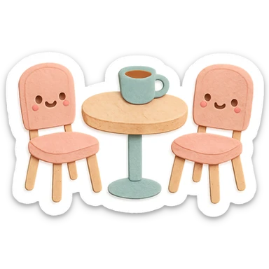 kawaii coffee shop table and chairs set, soft pastel hand-drawn illustration sticker