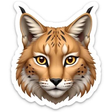 Cinematic-Noble realistic-Lynx-Portrait-Emoji – Poised and regal, with a strong, agile build and a strikingly patterned fur of warm tawny fur accented by bold black ear tufts, deep-set, intelligent amber eyes, simplified yet sharp and sophisticated. zoomed out to show shoulders sticker