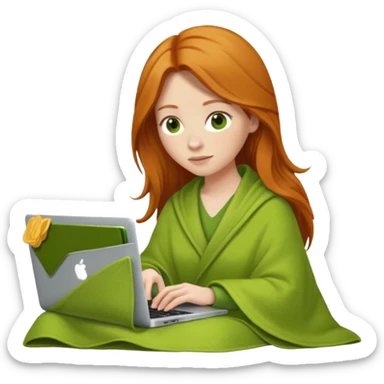 Ginger long hair woman inside a green pistachio color blanket working on her MacBook  sticker