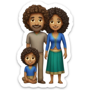 indian family with one dad and one son straight hair and one mom and one daughter curly hair sticker