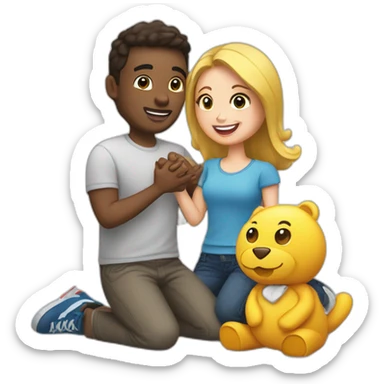 A guy is on his knee and proposing his girlfriend with stuff toys sticker