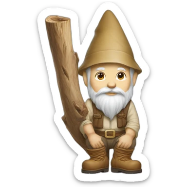 side view of gnome with light tan pants and light tan boots squatting with small log behind him sticker
