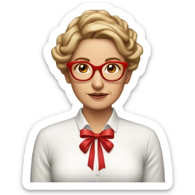 middle aged woman with light  brown hair learning how to tie a Christmas bow for the first timehair and.   red glasses crying sticker