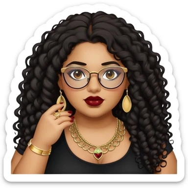 teen big plus size, latina, darker tan skin, gold jewelry, long black curly hair, baddie,pretty, makeup, dark red lipgloss, black eyeliner, long hair, black top, black glasses sticker
