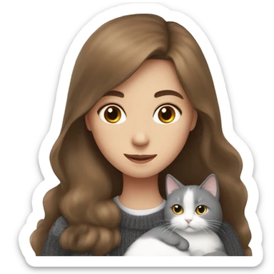 Girl with long brown hair in sweater hugging a british grey and white cat sticker