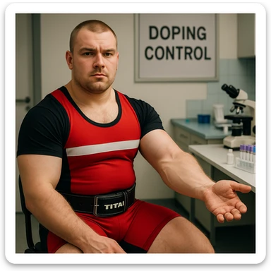 European powerlifter in federal competition showing arm for blood sampling during anti-doping control, competition clothing, laboratory atmosphere, test room background. sticker