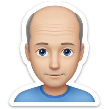 Middle aged man with black-greyish receding hairline, some hair on top, small blue eyes, clear face, shy smile sticker