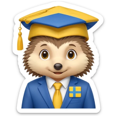 A hedgehog student in a suit in the color of the Ukrainian flag in a square academic cap sticker