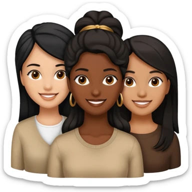 a group of 3 women, one is black, one is asian, one is indian, they all have black hair sticker