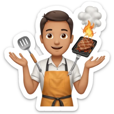 A cheerful man in an apron flipping meat on a sizzling grill with smoke puffing upward. sticker
