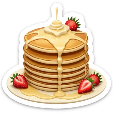 a stack of pancakes with melted white chocolate drizzle and strawberries sticker