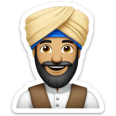 Cheerful Sikh man emoji with a blue turban is plane , friendly smile, kind eyes, black beard, minimalistic cartoon style, plain background. sticker