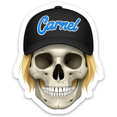 Create a skeleton head wearing a black baseball cap that says " Carnel " in blue, and white lettering, with blonde hair sticker