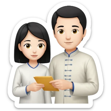 a young student with morden T-shirt and black hair, who is handing letter to a old man official with white hair chinese tunic suit sticker