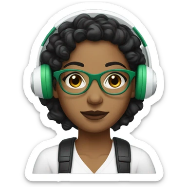 a woman with light brown skin, black eyes and black short curly black hear, wearing white headphones and glasses with a green frame, small freckles sticker