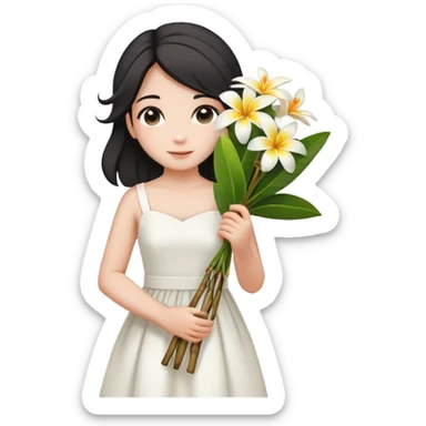  A girl with a black half-up half-down hairstyle, and a white dress, enjoying the spring breeze.Holding a bundle of frangipani sticker